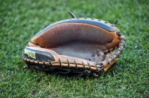 Sep 3, 2015; Kansas City, MO, USA; A general view of a catchers mitt prior to a game between the Detroit Tigers and the Kansas City Royals at Kauffman Stadium. Mandatory Credit: Peter G. Aiken-USA TODAY Sports