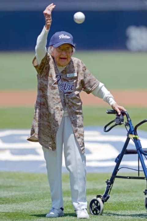 Jul 20, 2014; San Diego, CA, USA; 105 year old San Diego Padres fan Agnes McKee throws out the ceremonial first pitch before a game between the New York Mets and San Diego Padres at Petco Park. Mandatory Credit: Jake Roth-USA TODAY Sports