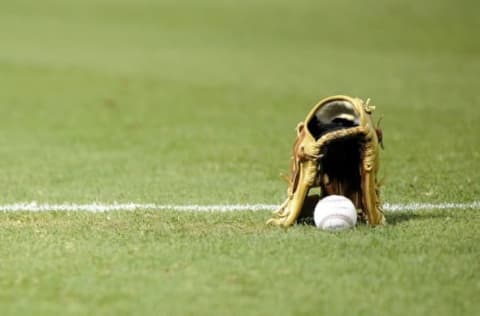 Jun 21, 2014; Phoenix, AZ, USA; A baseball and fielder