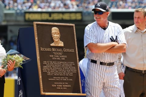 Jun 22, 2014; Bronx, NY, USA; Former New York Yankee Rich Goose Gossage (54) during the Monument Park Ceremony on Old Timers Day at Yankee Stadium. Mandatory Credit: Anthony Gruppuso-USA TODAY Sports