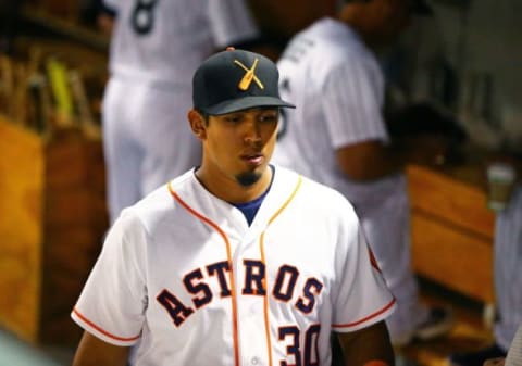 Oct. 14, 2014; Scottsdale, AZ, USA; Houston Astros third baseman Rio Ruiz (30) plays for the Salt River Rafters during an Arizona Fall League game against the Surprise Saguaros at Salt River Field. Mandatory Credit: Mark J. Rebilas-USA TODAY Sports