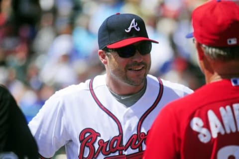 Mar 11, 2014; Lake Buena Vista, FL, USA; Atlanta Braves former player Ryan Klesko brings the lineup card out to home plate against the Philadelphia Phillies for a spring training exhibition game at Champion Stadium. Mandatory Credit: David Manning-USA TODAY Sports