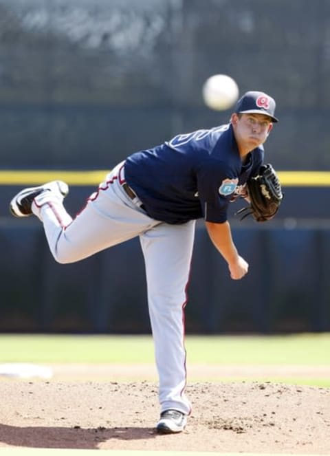 Mar 7, 2016; Dunedin, FL, USA; Atlanta Braves starting pitcher Aaron Blair (76) throws a warm up pitch during the first inning against the Toronto Blue Jays at Florida Auto Exchange Park. Mandatory Credit: Kim Klement-USA TODAY Sports