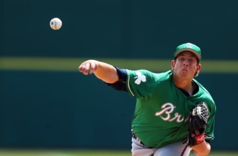 Mar 17, 2016; Melbourne, FL, USA; Atlanta Braves pitcher Aaron Blair (76) throws a pitch in the third inning against the Washington Nationals at Space Coast Stadium. Mandatory Credit: Logan Bowles-USA TODAY Sports