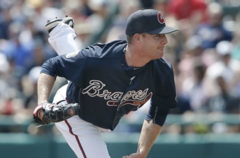 Mar 30, 2016; Lake Buena Vista, FL, USA; Atlanta Braves pitcher Eric O’Flaherty pitches during the sixth inning of a spring training baseball game against the New York Yankees at Champion Stadium. Mandatory Credit: Reinhold Matay-USA TODAY Sports