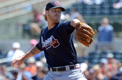 Mar 22, 2016; Kissimmee, FL, USA; Atlanta Braves starting pitcher Mike Foltynewicz (26) pitches in the first inning of the spring training game against the Houston Astros at Osceola County Stadium. Mandatory Credit: Jonathan Dyer-USA TODAY Sports