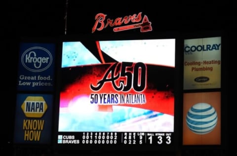 Jul 18, 2015; Atlanta, GA, USA; A general view of the scoreboard after the Chicago Cubs defeated the Atlanta Braves at Turner Field. The Cubs defeated the Braves 4-0. Mandatory Credit: Dale Zanine-USA TODAY Sports