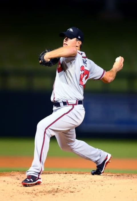 Nov 7, 2015; Phoenix, AZ, USA; Atlanta Braves pitcher Lucas Sims during the Arizona Fall League Fall Stars game at Salt River Fields. Mandatory Credit: Mark J. Rebilas-USA TODAY Sports