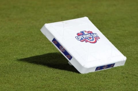 Apr 10, 2015; Atlanta, GA, USA; A general view of an official base prior to the game between the Atlanta Braves and New York Mets at Turner Field. Mandatory Credit: Brett Davis-USA TODAY Sports