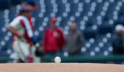 Oct 1, 2015; Philadelphia, PA, USA; A baseball on the pitchers mound before the first pitch between the Philadelphia Phillies and the New York Mets at Citizens Bank Park. The Phillies won 3-0. Mandatory Credit: Bill Streicher-USA TODAY Sports