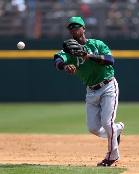 Mar 17, 2016; Melbourne, FL, USA; Atlanta Braves shortstop Ozzie Albies (87) makes a throw in the third inning against the Washington Nationals at Space Coast Stadium. Mandatory Credit: Logan Bowles-USA TODAY Sports