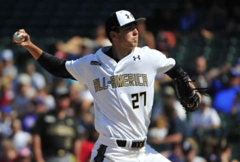 Aug 15, 2015; Chicago, IL, USA; National pitcher Riley Pint (27) pitches during the first inning in the Under Armour All America Baseball game against the American team at Wrigley field. Mandatory Credit: David Banks-USA TODAY Sports