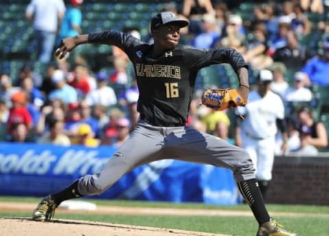 Aug 15, 2015; Chicago, IL, USA; American pitcher Alex Speas (16) throws a pitch against the National team during the first inning in the Under Armour All America Baseball game at Wrigley field. Mandatory Credit: David Banks-USA TODAY Sports