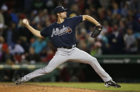 Apr 27, 2016; Boston, MA, USA; Atlanta Braves pitcher John Gant (52) delivers a pitch during the fourth inning against the Boston Red Sox at Fenway Park. Mandatory Credit: Greg M. Cooper-USA TODAY Sports