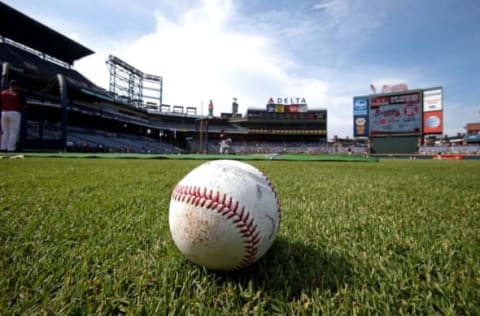 Jul 21, 2015; Atlanta, GA, USA; A baseball is shown on the infield during batting practice before the game against the Atlanta Braves and the Los Angeles Dodgers at Turner Field. Mandatory Credit: Jason Getz-USA TODAY Sports