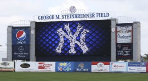 Mar 2, 2015; Tampa, FL, USA; New York Yankees scoreboard is lit during spring training workouts at George M. Steinbrenner Field. Mandatory Credit: Reinhold Matay-USA TODAY Sports