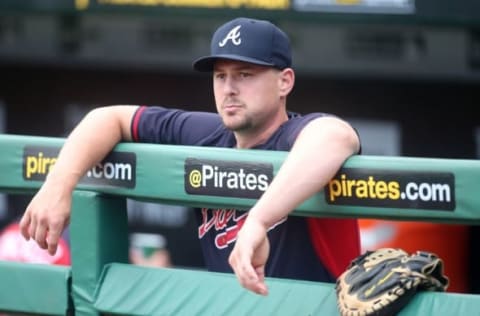 Jun 26, 2015; Pittsburgh, PA, USA; Atlanta Braves catcher Ryan Lavarnway (30) looks on from the dugout before playing the Pittsburgh Pirates at PNC Park. Mandatory Credit: Charles LeClaire-USA TODAY Sports