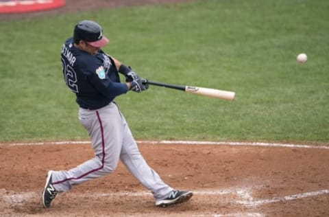 Mar 19, 2016; Tampa, FL, USA; Atlanta Braves infielder Sean Kazmar (92) singles against the New York Yankees during the ninth inning at George M. Steinbrenner Field. The Yankees defeated the Braves 3-2. Mandatory Credit: Jerome Miron-USA TODAY Sports