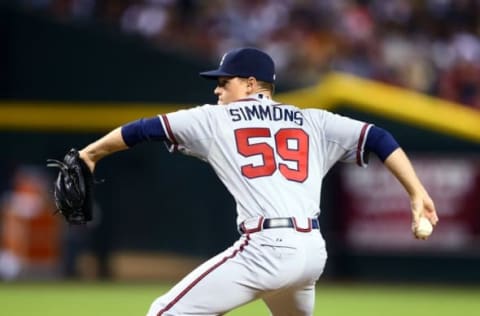 Jun 7, 2014; Phoenix, AZ, USA; Atlanta Braves pitcher Shae Simmons against the Arizona Diamondbacks at Chase Field. Mandatory Credit: Mark J. Rebilas-USA TODAY Sports