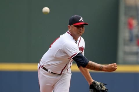 Sep 2, 2015; Atlanta, GA, USA; Atlanta Braves starting pitcher Williams Perez (61) delivers a pitch to a Miami Marlins batter in the first inning of their game at Turner Field. Mandatory Credit: Jason Getz-USA TODAY Sports