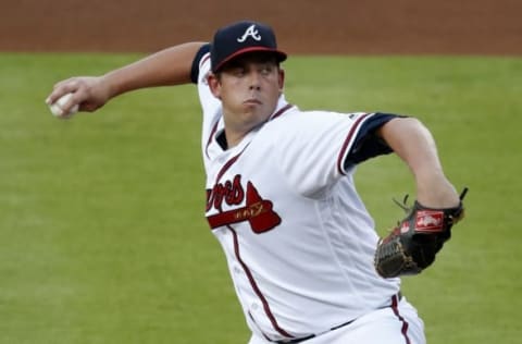 Jun 24, 2016; Atlanta, GA, USA; Atlanta Braves starting pitcher Aaron Blaiir (36) delivers a pitch to a New York Mets batter in the first inning of their game at Turner Field. Mandatory Credit: Jason Getz-USA TODAY Sports