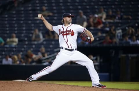 May 25, 2016; Atlanta, GA, USA; Atlanta Braves relief pitcher Casey Kelly (55) delivers a pitch to a Milwaukee Brewers batter in the 12th inning at Turner Field. The Brewers won 3-2 in 13 innings. Mandatory Credit: Jason Getz-USA TODAY Sports