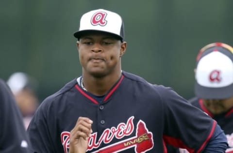 Feb 23, 2015; Lake Buena Vista, FL, USA; Atlanta Braves pitcher Mauricio Cabrera runs during spring training workouts at Champion Stadium. Mandatory Credit: Reinhold Matay-USA TODAY Sports