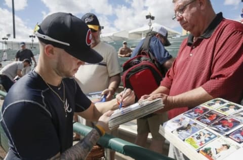 Feb 22, 2016; Lake Buena Vista, FL, USA; Atlanta Braves outfielder Braxton Davidson signs autographs during spring training workouts at ESPN