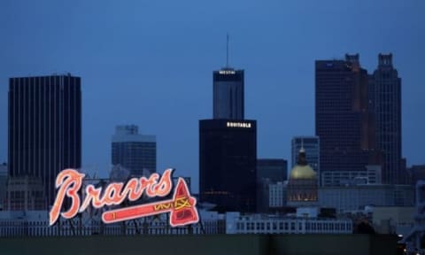 Aug 29, 2015; Atlanta, GA, USA; An Atlanta Braves sign is shown on a scoreboard overlooking downtown Atlanta in a Braves game against the New York Yankees at Turner Field. The Yankees won 3-1. Mandatory Credit: Jason Getz-USA TODAY Sports