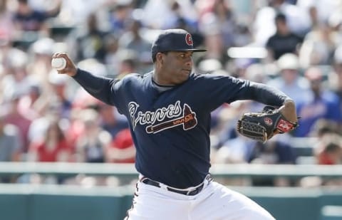 Mar 8, 2016; Lake Buena Vista, FL, USA; (Editors note: caption correction) Atlanta Braves relief pitcher Joel De La Cruz (75) throws during the fourth inning of a spring training baseball game against the New York Mets at Champion Stadium. Mandatory Credit: Reinhold Matay-USA TODAY Sports