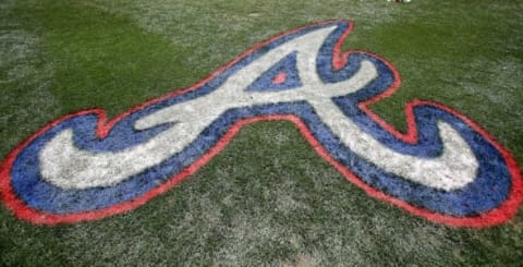 Mar 15, 2015; Lake Buena Vista, FL, USA; The Atlanta Braves logo painted on the field during a spring training baseball game at Champion Stadium. The Toronto Blue Jays beat the Atlanta Braves 10-5. Mandatory Credit: Reinhold Matay-USA TODAY Sports