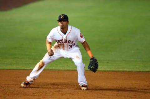 Oct. 14, 2014; Scottsdale, AZ, USA; Houston Astros third baseman Rio Ruiz (30) plays for the Salt River Rafters during an Arizona Fall League game against the Surprise Saguaros at Salt River Field. Mandatory Credit: Mark J. Rebilas-USA TODAY Sports