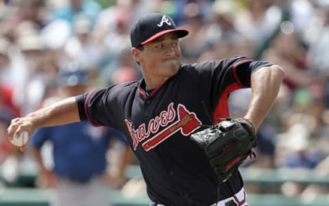 Mar 15, 2015; Lake Buena Vista, FL, USA; Atlanta Braves catcher Tannner Murphy (80) throws a pitch during a spring training baseball game at Champion Stadium. The Toronto Blue Jays beat the Atlanta Braves 10-5. Mandatory Credit: Reinhold Matay-USA TODAY Sports