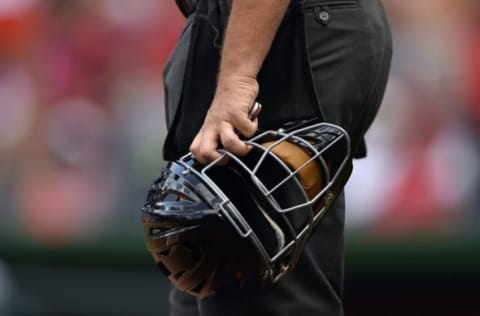 Jul 6, 2016; Washington, DC, USA; Home plate umpire Greg Gibson (53) holds his helmet as he stands on the field before the game between the Washington Nationals and the Milwaukee Brewers at Nationals Park. Mandatory Credit: Tommy Gilligan-USA TODAY Sports