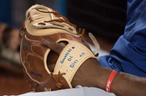 May 3, 2016; Toronto, Ontario, CAN; The glove of Texas Rangers shortstop Hanser Alberto (2) during batting practice before a game against the Toronto Blue Jays at Rogers Centre. The Toronto Blue Jays won 3-1. Mandatory Credit: Nick Turchiaro-USA TODAY Sports