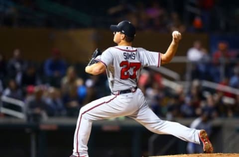 Nov 7, 2015; Phoenix, AZ, USA; Atlanta Braves pitcher Lucas Simms during the Arizona Fall League Fall Stars game at Salt River Fields. Mandatory Credit: Mark J. Rebilas-USA TODAY Sports