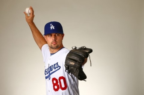 Feb 27, 2016; Glendale, AZ, USA; Los Angeles Dodgers pitcher Caleb Dirks poses for a portrait during photo day at Camelback Ranch. Mandatory Credit: Mark J. Rebilas-USA TODAY Sports