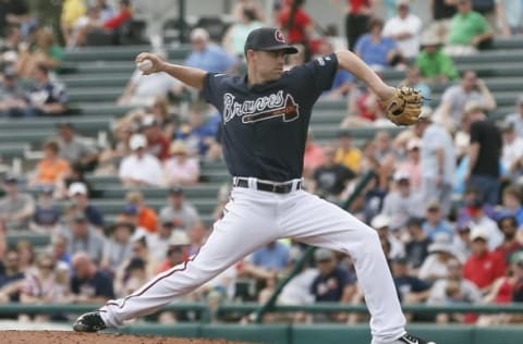 Mar 3, 2016; Lake Buena Vista, FL, USA; Atlanta Braves pitcher Rob Wooten throws a pitch during the second inning of a spring training baseball game against the Detroit Tigers at Champion Stadium. Mandatory Credit: Reinhold Matay-USA TODAY Sports