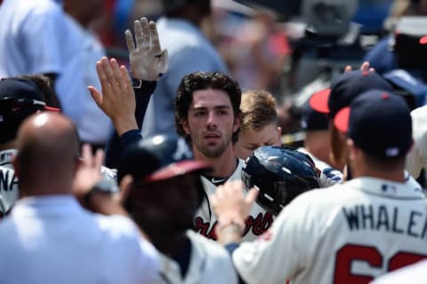 Aug 21, 2016; Atlanta, GA, USA; Atlanta Braves shortstop Dansby Swanson (2) celebrates after scoring against the Washington Nationals during the third inning at Turner Field. Mandatory Credit: Dale Zanine-USA TODAY Sports