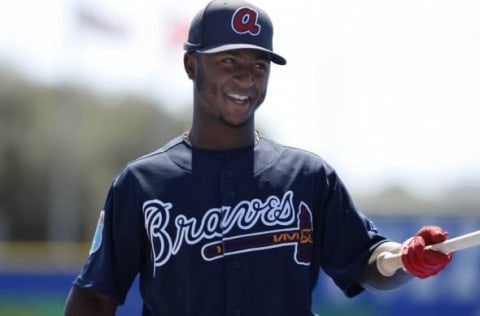 Mar 7, 2016; Dunedin, FL, USA; Atlanta Braves shortstop Ozzie Albies (87) smiles as he works out prior to the game against the Toronto Blue Jays at Florida Auto Exchange Park. Mandatory Credit: Kim Klement-USA TODAY Sports