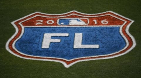 Mar 16, 2016; Lake Buena Vista, FL, USA; The Florida Spring Training logo on the field during the seventh inning at Champion Stadium. Mandatory Credit: Butch Dill-USA TODAY Sports