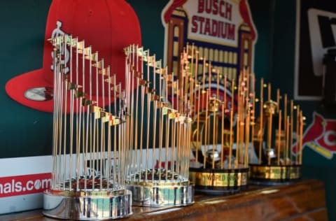 Apr 11, 2016; St. Louis, MO, USA; A detailed view of St. Louis Cardinals world series trophies before the game between the St. Louis Cardinals and the Milwaukee Brewers at Busch Stadium. Mandatory Credit: Jasen Vinlove-USA TODAY Sports