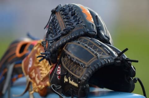 May 10, 2016; Los Angeles, CA, USA; Major league baseball gloves rest on the railing before the game between the Los Angeles Dodgers and the New York Mets at Dodger Stadium. Mandatory Credit: Jayne Kamin-Oncea-USA TODAY Sports