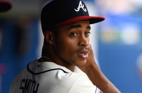 Jun 26, 2016; Atlanta, GA, USA; Atlanta Braves outfielder Mallex Smith looks on in the dugout during the game against the New York Mets during the fifth inning at Turner Field. The Braves defeated the Mets 5-2. Mandatory Credit: Dale Zanine-USA TODAY Sports