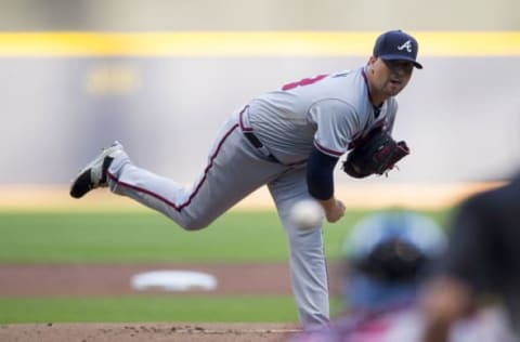 Aug 8, 2016; Milwaukee, WI, USA; Atlanta Braves pitcher Rob Whalen (63) throws a pitch during the first inning against the Milwaukee Brewers at Miller Park. Mandatory Credit: Jeff Hanisch-USA TODAY Sports