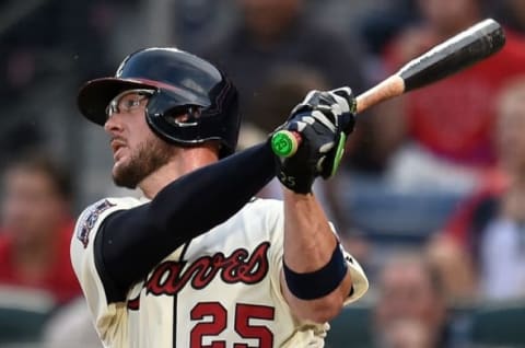 Aug 20, 2016; Atlanta, GA, USA; Atlanta Braves catcher Tyler Flowers (25) doubles against the Washington Nationals during the second inning at Turner Field. Mandatory Credit: Dale Zanine-USA TODAY Sports