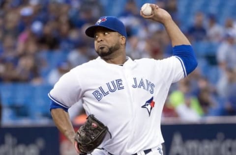 Sep 12, 2016; Toronto, Ontario, CAN; Toronto Blue Jays starting pitcher Francisco Liriano (45) throws a pitch during the first inning in a game against the Tampa Bay Rays at Rogers Centre. Mandatory Credit: Nick Turchiaro-USA TODAY Sports