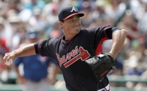 Mar 15, 2015; Lake Buena Vista, FL, USA; Atlanta Braves catcher Tanner Murphy (80) throws a pitch during a spring training baseball game at Champion Stadium. The Toronto Blue Jays beat the Atlanta Braves 10-5. Mandatory Credit: Reinhold Matay-USA TODAY Sports