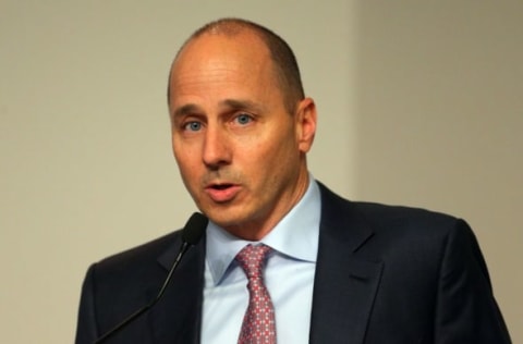 Apr 24, 2015; Bronx, NY, USA; New York Yankees general manager Brian Cashman speaks during a press conference where former player Bernie Williams officially retired from baseball as a Yankee before a game against the New York Mets at Yankee Stadium. Mandatory Credit: Brad Penner-USA TODAY Sports