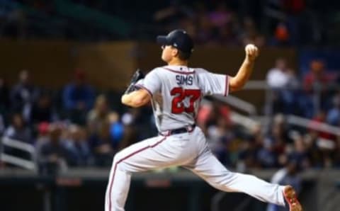 Nov 7, 2015; Phoenix, AZ, USA; Atlanta Braves pitcher Lucas Sims during the Arizona Fall League Fall Stars game at Salt River Fields. Mandatory Credit: Mark J. Rebilas-USA TODAY Sports